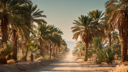 Palm tree plantation with dirt road under blue sky .Generative AIの素材