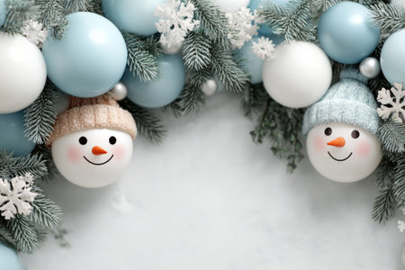 Two smiling snowmen with scarves and hats leaning together, surrounded by snow, ornaments, and pine branches in a cozy holiday scene .Generative AIの素材