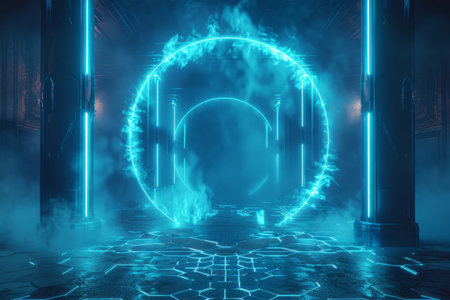 Glowing Blue Portal in Mysterious Ancient Hall .Generative AIの素材