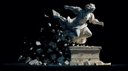 Epic marble sculpture of a classical figure bursts apart into flying stone fragments, illuminated by light and surrounded by dust clouds.の素材