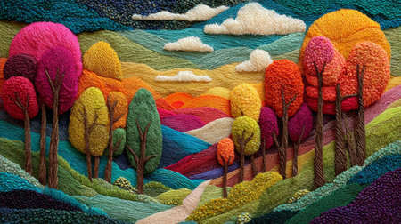 Colorful embroidered landscape with yarn trees .Generative AIの素材
