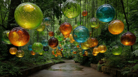 Colorful glass spheres hanging in forest pathway .Generative AIの素材
