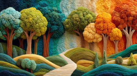 Colorful embroidered landscape with yarn trees .Generative AIの素材