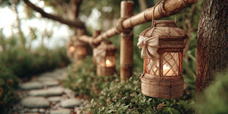 Colorful lantern festival pathway in enchanted garden .Generative AIの素材