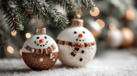 Two smiling snowmen with scarves and hats leaning together, surrounded by snow, ornaments, and pine branches in a cozy holiday scene .Generative AIの素材