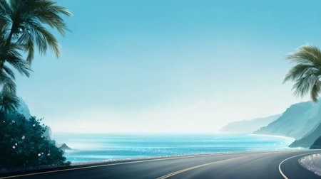 Scenic Coastal Highway with Palm Trees and Ocean .Generative AIの素材