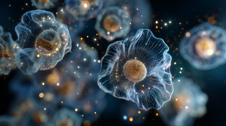 Microscopic glowing cell with nucleus and particles .Generative AIの素材