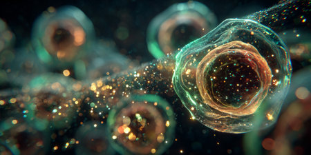 Microscopic glowing cell with nucleus and particles .Generative AIの素材