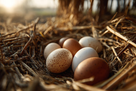 Fresh Farm Eggs in Nest at Sunrise .Generative AIの素材