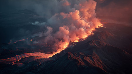 Active volcano erupting with lava and smoke .Generative AIの素材