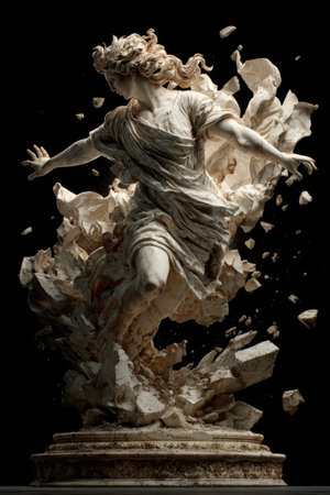 Epic marble sculpture of a classical figure bursts apart into flying stone fragments, illuminated by light and surrounded by dust clouds.の素材