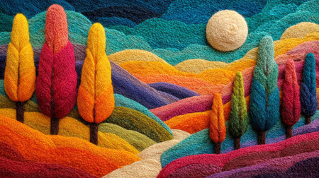 Colorful embroidered landscape with yarn trees .Generative AIの素材