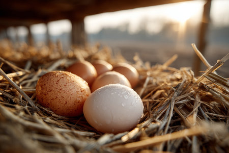 Fresh Farm Eggs in Nest at Sunrise .Generative AIの素材