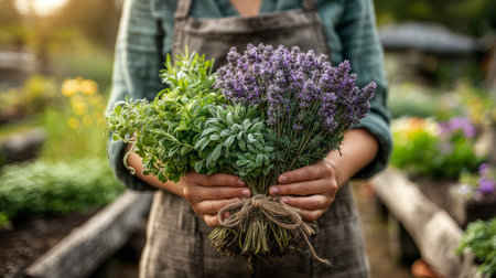 Farmer holding fresh herbs in garden planter .Generative AIの素材