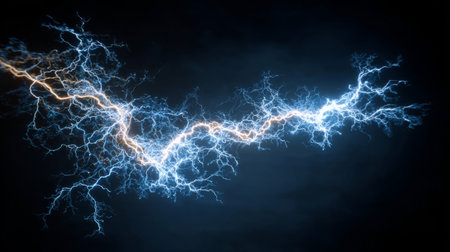 Blue Lightning Bolt Striking Across Dark Sky .Generative AIの素材