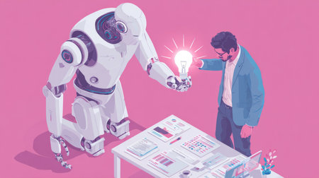 Cute Robot Holding Light Bulb Innovation Concept, symbolizing artificial intelligence, creativity, and futuristic innovation.Generative AIの素材