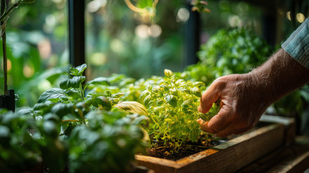 horticulturist adjusting grow lights and houseplants near the window .Generative AIの素材