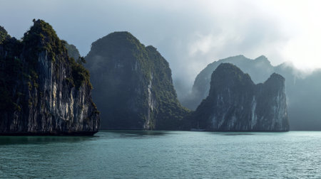 Scenic Limestone Karst Islands in Tropical Bay .Generative AIの素材