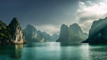 Scenic Limestone Karst Islands in Tropical Bay .Generative AIの素材