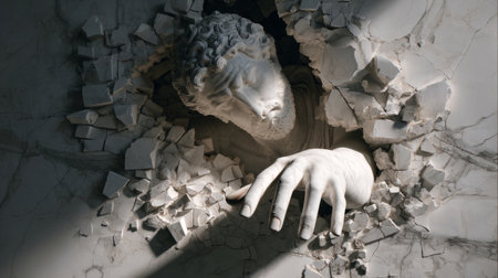 Dramatic sculpture of a classical figure bursting through a crumbling wall, surrounded by fractured stone and dynamic movement.の素材