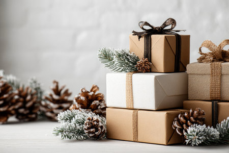 Elegant Winter Gift Boxes with Frosted Pinecones .Generative AIの素材