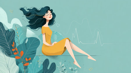 Calm Woman Breathing with Heartbeat Line .Generative AIの素材