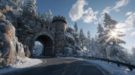 Fairytale Winter Castle Gate on Snowy Road .Generative AIの素材