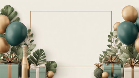 Stylish holiday background with wrapped presents, champagne bottles, ornaments, and green foliage arranged around a blank central frame. Generative AIの素材