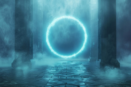 Glowing Blue Portal in Mysterious Ancient Hall .Generative AIの素材