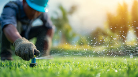 Gardener adjusting sprinkler while watering green lawn .Generative AIの素材