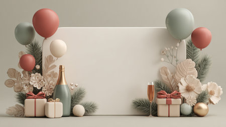 Luxurious holiday background with champagne bottle, flutes, gold balloons, and festive decorations arranged around a blank center space .Generative AIの素材