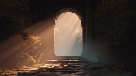 Ancient Stone Arch in Misty Sunrise Light .Generative AIの素材