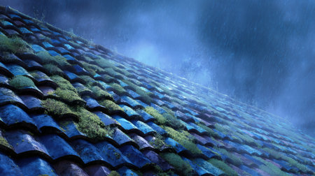 Old Roof Tiles Covered with Green Moss in Rain .Generative AIの素材