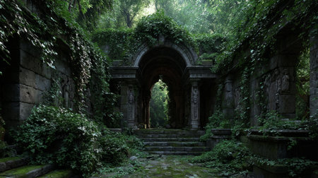 Sunlight shining through overgrown ancient ruins .Generative AIの素材