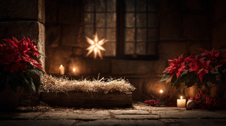 Rustic Christmas Nativity Scene with Star and Candlelight .Generative AIの素材