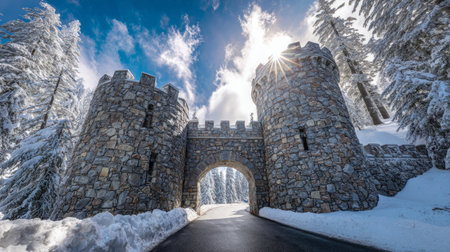 Fairytale Winter Castle Gate on Snowy Road .Generative AIの素材