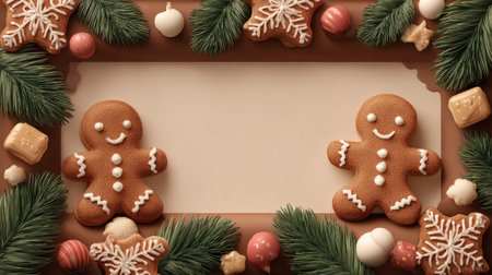Christmas gingerbread and holiday sweets. Festive flat background .Generative AIの素材