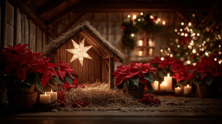 Rustic Christmas Nativity Scene with Star and Candlelight .Generative AIの素材
