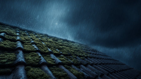 Old Roof Tiles Covered with Green Moss in Rain .Generative AIの素材
