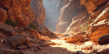 Sunlight illuminating rocky desert canyon path .Generative AIの素材