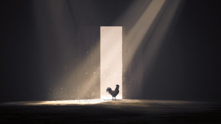 Rooster Silhouette Standing in Morning Light .Generative AIの素材