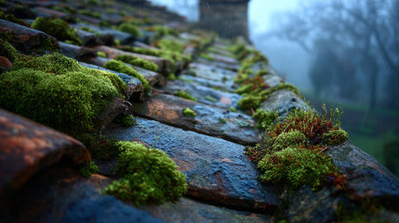 Old Roof Tiles Covered with Green Moss in Rain .Generative AIの素材