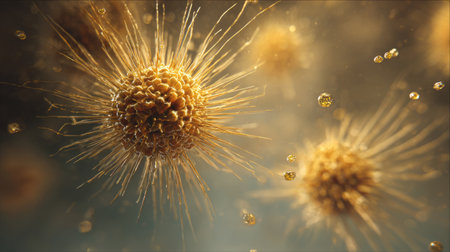 Microscopic pollen grains with spikes and golden dust .Generative AIの素材