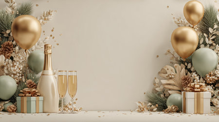 Luxurious holiday background with champagne bottle, flutes, gold balloons, and festive decorations arranged around a blank center space .Generative AIの素材