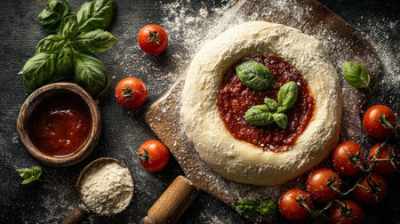 Rustic pizza preparation with fresh tomato sauce.Generative AIの素材