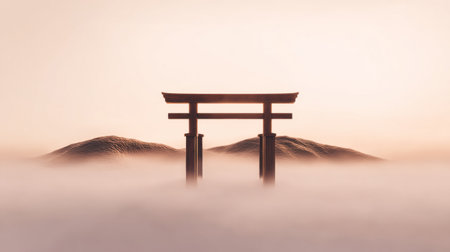 Torii gate at sunrise in misty mountains .Generative AIの素材