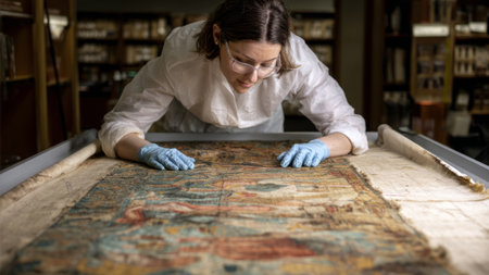 Curator Examining Ancient Scroll in Museum .Generative AIの素材