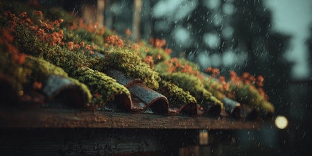 Old Roof Tiles Covered with Green Moss in Rain .Generative AIの素材