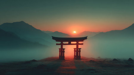 Torii gate at sunrise in misty mountains .Generative AIの素材
