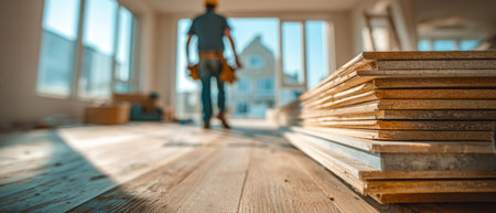 Stack of wooden planks prepared for flooring installation in a home interior, with a worker in the background preparing tools and workspace .Generative AIの素材